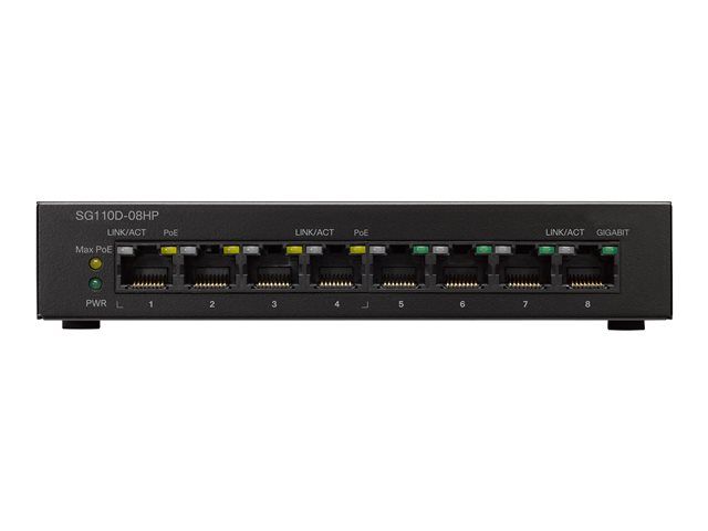 Cisco Switch 8 puertos Small Business SG110D-08HP POE Gigabit Conmutador - sin gestionar - 4 x 10/100/1000 + 4 x 10/100/1000 (PoE) - alimentación cc - sobremesa