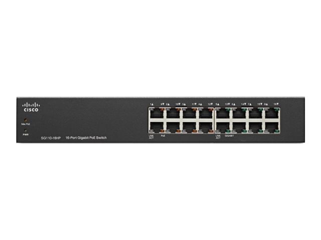 Cisco Switch 16 puertos Small Business SG110-16 HP - Conmutador - sin gestionar - 16 x 10/100/1000 - montaje en rack POE